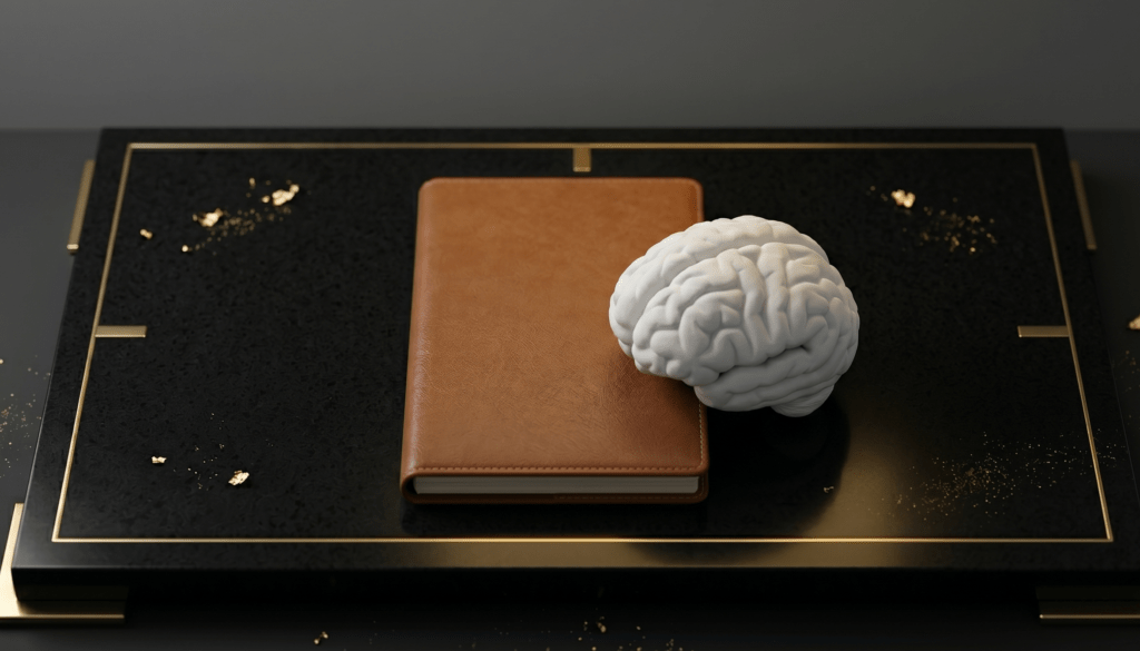 Biały, miniaturowy model ludzkiego mózgu leżący na brązowym, skórzanym notesie, umieszczonym na eleganckiej czarno-złotej tacy — symbol wiedzy eksperckiej, psychologii biznesu i analizy wypalenia zawodowego.
