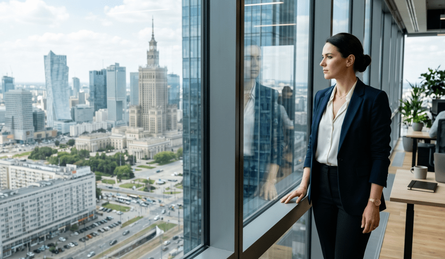 Kobieta manager w eleganckim garniturze stojąca przy oknie wieżowca i patrząca na panoramę Warszawy z Pałacem Kultury i Nauki — ilustracja doradztwa strategicznego i metodologii UNIVERSUM.