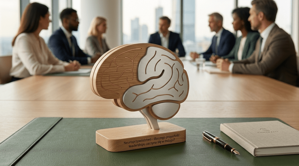 A wooden model of a human brain on a conference table with corporate professionals in a blurred meeting room background, illustrating mental health and sustainable leadership at UNIVERSUM Institute.